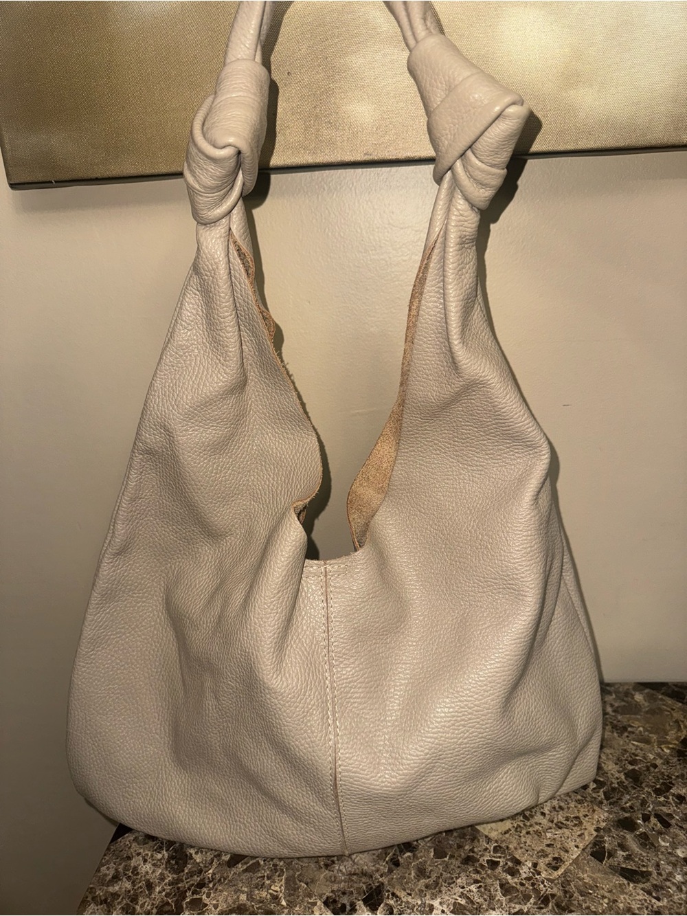 Knot-Handle Cream Leather Hobo Bag